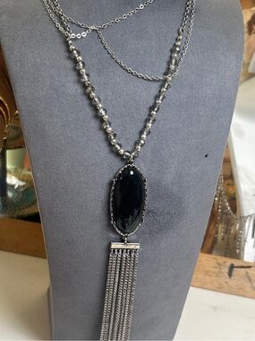 Silver-Tone Black Stone Tassel Necklace